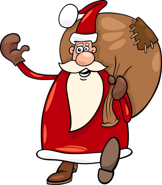تصویر کارتونی بابا نوئل خنده دار یا پاپا نوئل یا پدر کریسمس با گونی پر از هدیه