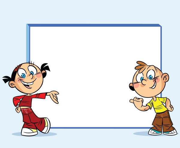 تصویر یک پسر و یک دختر را نشان می دهد که در نزدیکی یک تخته سفید ایستاده اند آنها با انگشت به تخته اشاره می کنند تصویرسازی به سبک کارتونی روی لایه‌های جداگانه روی پس‌زمینه آبی