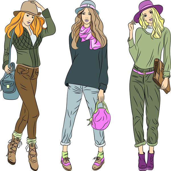 ست وکتور مدل های تاپ دخترانه مد زیبا با کیف در لباس های تابستانی یا بهاری ژاکت ژاکت کفش شلوار و کلاه