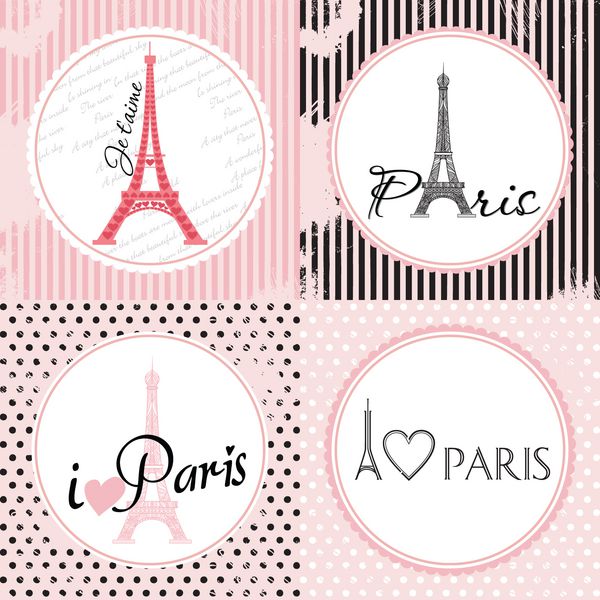 مجموعه وکتور کارت فرانسوی درباره عشق پاریس برج ایفل از تزئینات تشکیل شده است پس زمینه متفاوت