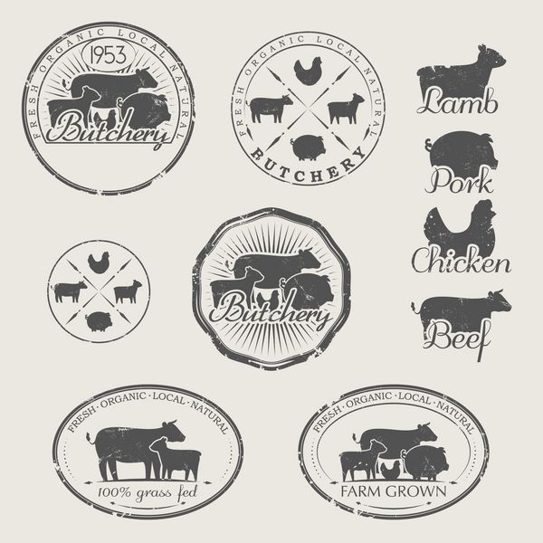 مجموعه ای از برچسب ها برای قصابی نمادهای گوشت گاو خوک بره و مرغ
