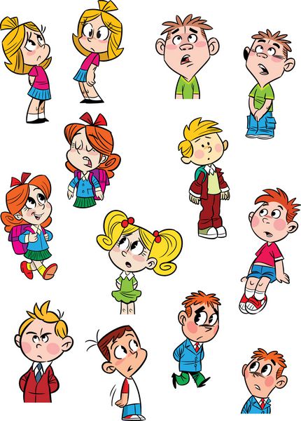 تصویر چند کودک کوچک را در حالت های مختلف و با احساسات متفاوت نشان می دهد به سبک کارتونی در لایه های جداگانه انجام شده است