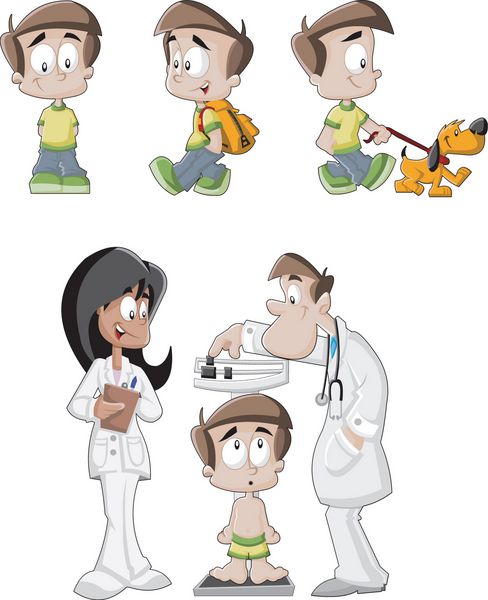 پسر کارتونی با کوله پشتی راه رفتن سگ و پزشکان در حال بررسی وزن پسر در ترازو