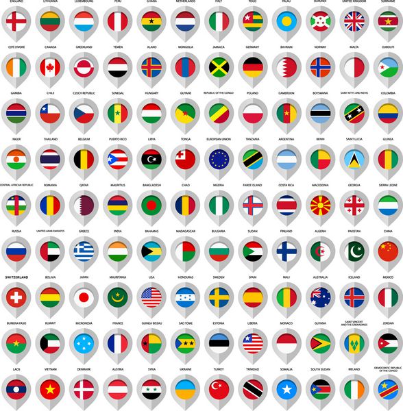 نشانگر خاکستری نقشه با پرچم کشور اتحادیه اروپا آرژانتین فنلاند دانمارک فرانسه اتریش سوئیس یونان هند چین بریتانیا سوئد ایالات متحده آمریکا ایتالیا ایرلند و بسیاری دیگر 108 عدد