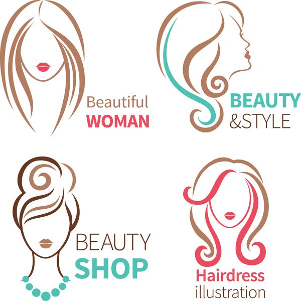 مجموعه رنگی چهار نماد زیبایی سرهای زن با موهای زیبا
