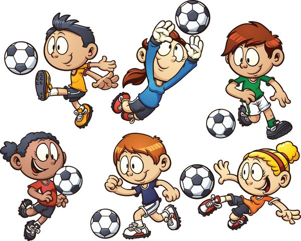 بچه های فوتبال کارتونی وکتور کلیپ آرت با شیب ساده هر عنصر در یک لایه جداگانه