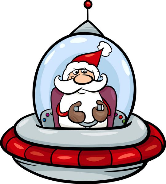 وکتور کارتونی از پرواز بابانوئل در سفینه فضایی در زمان کریسمس