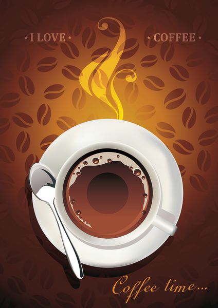 پس زمینه با فنجان قهوه داغ و دانه های قهوه وکتور