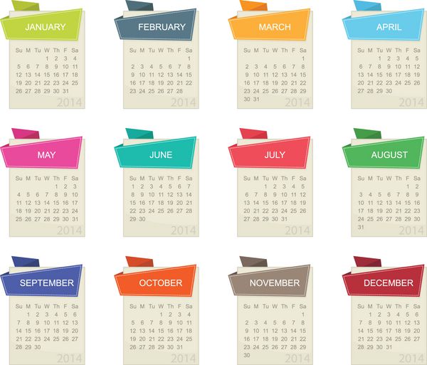 تقویم سال 2014 در طراحی مربع با برگه های جدا شده روی سفید فرمت