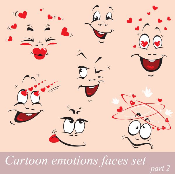 مجموعه چهره های احساسات کارتونی طراحی برای کارت عشق و روز ولنتاین