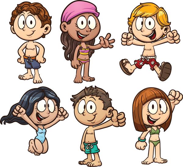 بچه های کارتونی ناز با لباس شنا وکتور کلیپ آرت با شیب ساده هر کدام در یک لایه جداگانه