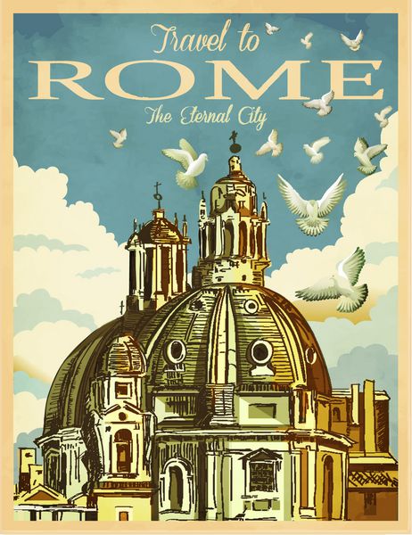 پوستر سفر به رم - تبلیغات سفر با کلیسای سنت پیتر در رم در برابر ابرهای سفید و کبوترها وکتور دست کشیده
