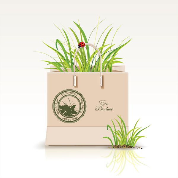 وکتور از کیسه کاغذی خرید با نماد سبز محصولات سازگار با محیط زیست و سبزیجات در بسته بندی