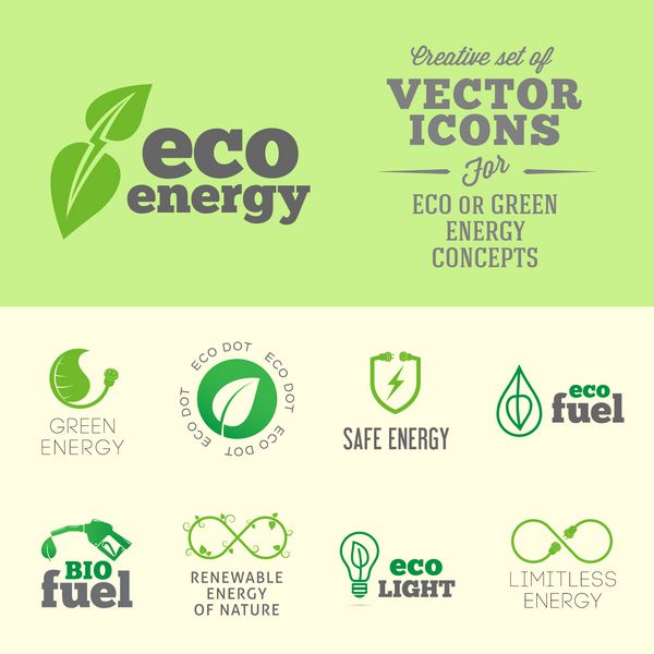 مجموعه نماد وکتور مفهومی اکو یا انرژی سبز با تایپوگرافی