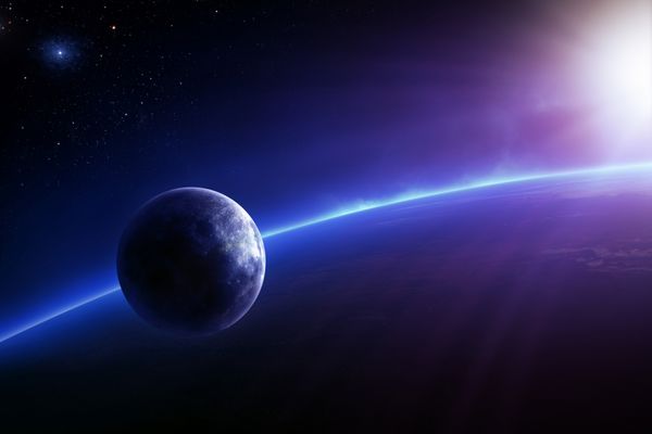 زمین و ماه فانتزی در فضای رنگارنگ با طلوع خورشید عناصر این تصویر سه بعدی ارائه شده توسط ناسا - نقشه های بافت از http