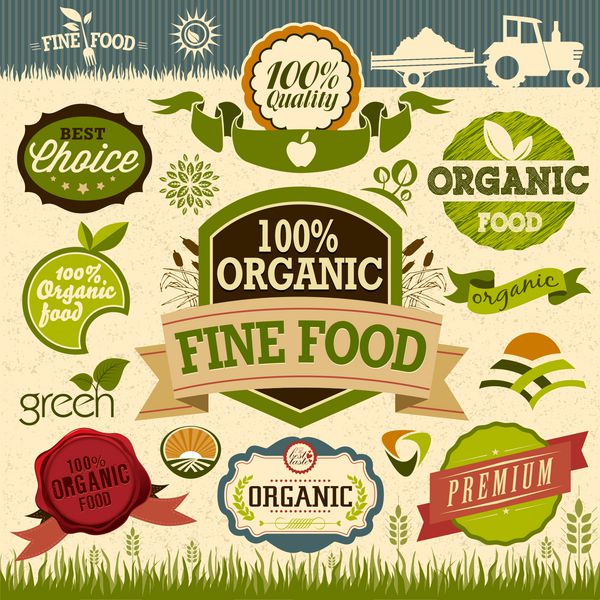 برچسب ها نشان ها و نشان های محصولات ارگانیک طبیعی مجموعه ای از عناصر طراحی تازه ارگانیک و تصویر غذای طبیعی و نماد وب اکو قابل ویرایش آسان برای شما