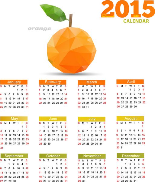 تقویم سال 2015 در پس زمینه سفید میوه چند ضلعی سبک اوریگامی هندسی انتزاعی وکتور