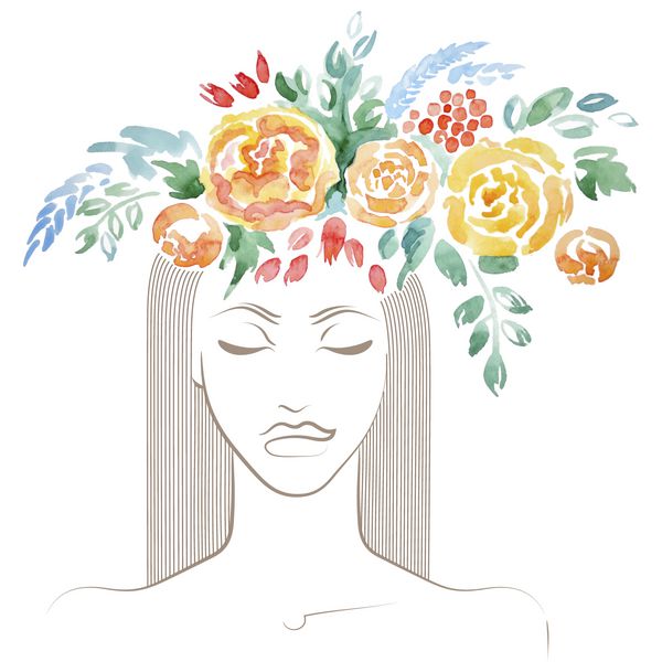 دختر زیبا با تاج گل آبرنگ روی سرش پرتره تابستانی انتزاعی