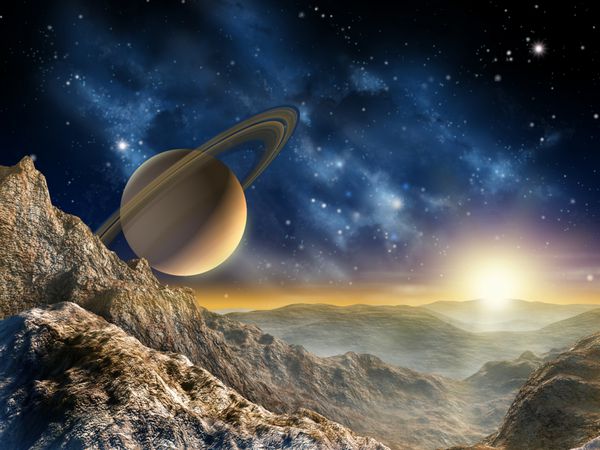 مناظر فضایی زیبا که از یکی از قمر زحل دیده می شود تصویرسازی دیجیتال