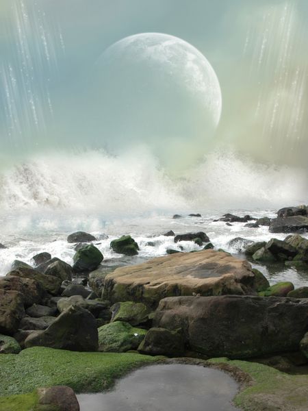 منظره فانتزی در اقیانوس با صخره های بزرگ