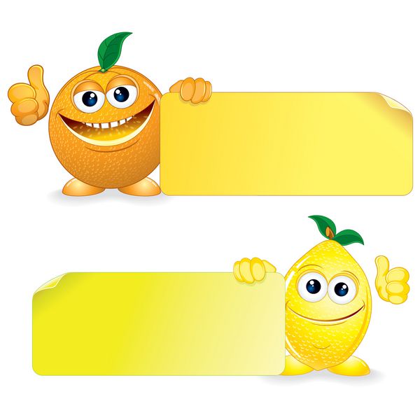 پرتقال و لیمو میوه های خنده دار با علامت خالی وکتور تصویر کارتونی