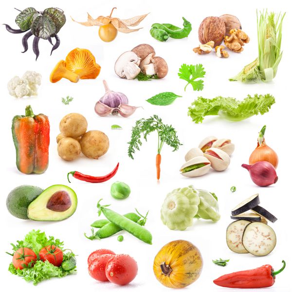 مجموعه بزرگی از غذای سبزیجات جدا شده در پس زمینه سفید
