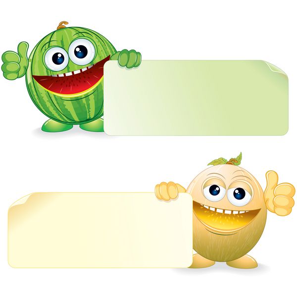هندوانه سبز و خربزه شیرین میوه های خنده دار با علامت خالی وکتور تصویر کارتونی