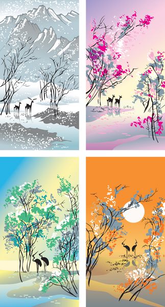 چهار فصل زمستان بهار تابستان و پاییز نقاشی دستی به سبک نقاشی سنتی چینی وکتور