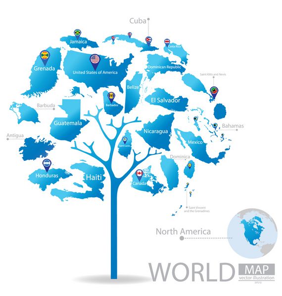 طرح درخت کشورهای آمریکای شمالی جهان وکتور نقشه