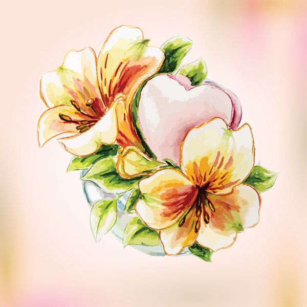 گل های آبرنگ بهاری در گلدان کارت تبریک