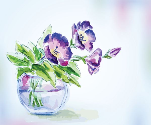 گل های آبرنگ بهاری در گلدان کارت تبریک