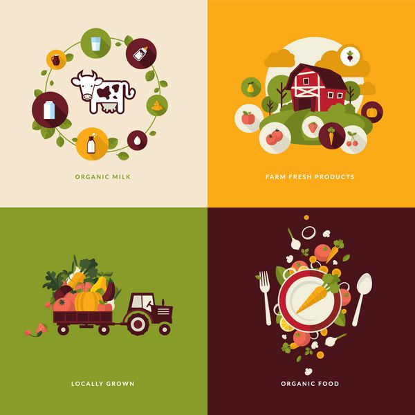مجموعه ای از نمادهای مفهومی طراحی تخت برای غذا و نوشیدنی ارگانیک نمادهایی برای شیر ارگانیک محصولات تازه مزرعه رشد محلی و غذاهای ارگانیک