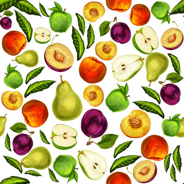 پس‌زمینه الگوی میوه‌های برش‌شده آبدار و بدون درز با وکتور طرح دستی هلو و گلابی آلو سیب