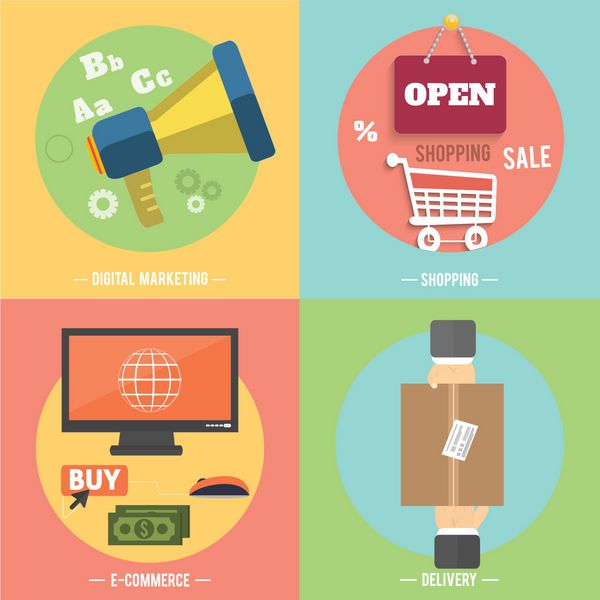نمادهایی برای تجارت الکترونیک تحویل خرید آنلاین بازاریابی دیجیتال ابزارهای کسب و کار