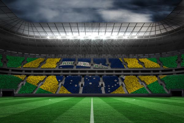 پرچم ملی برزیل به صورت دیجیتالی در مقابل استادیوم بزرگ فوتبال تولید شده است