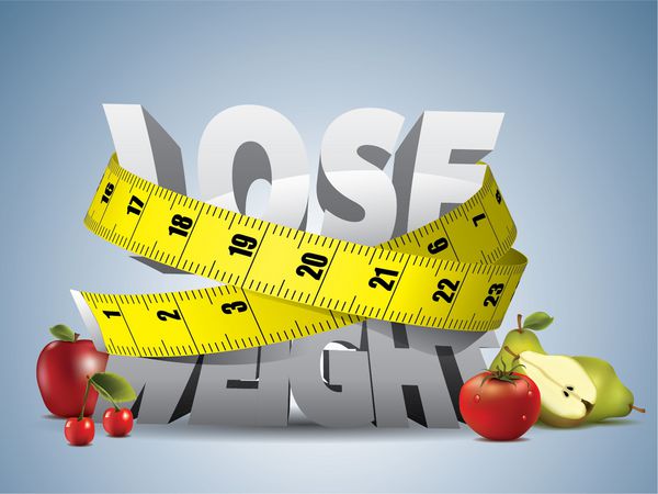 متن کاهش وزن با نوار اندازه گیری و میوه ها
