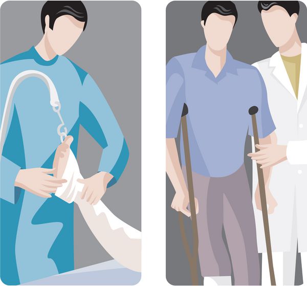 مجموعه ای از 2 تصویر پزشکی 1 دکتر در حال زدن گچ روی پای شکسته 2 کمک پزشکی به بیمار برای استفاده از عصا