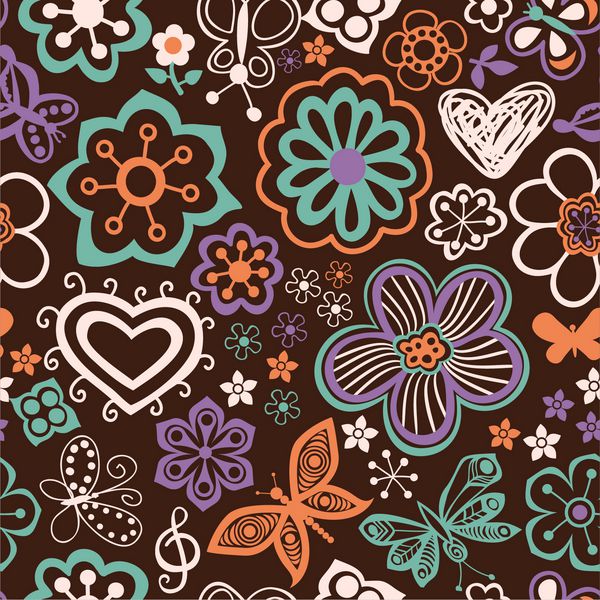 الگوی بدون درز کارتونی عاشقانه با گل و پروانه