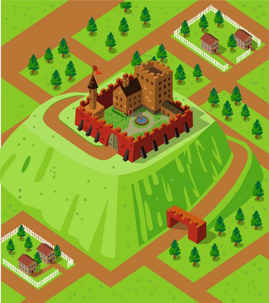 قلعه بر روی تپه حومه شهر سری ایزومتریک دقیق