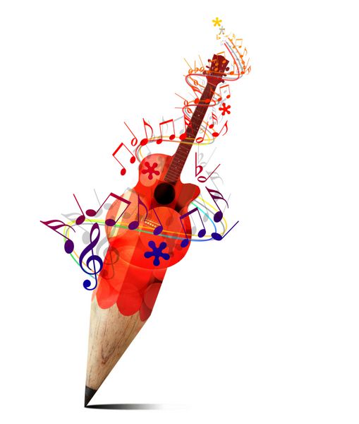 مداد خلاقانه با گیتار آکوستیک قرمز و نت‌های موسیقی جدا شده روی سفید