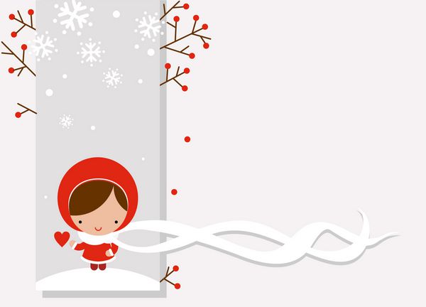 وکتور از سبک کارتونی - دختر کوچک با قلب در دست در پس زمینه زمستانی و علامت خالی برای پیام شما