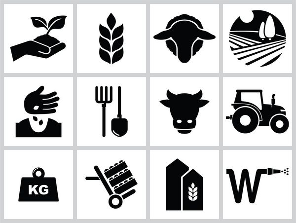نمادهای کشاورزی و کشاورزی تمام نواحی سفید از نمادها جدا شده و مناطق سیاه ادغام می شوند