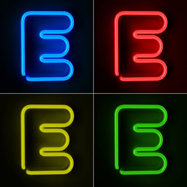 تابلو نئونی با جزئیات بسیار بالا با حرف E در چهار رنگ