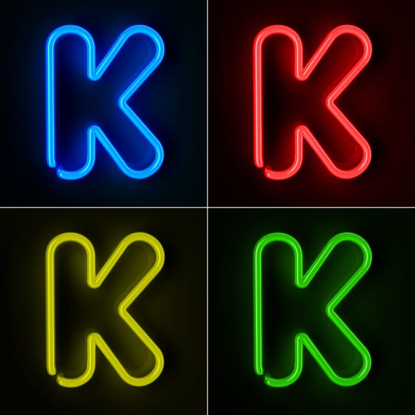 تابلو نئون با جزئیات بسیار بالا با حرف K در چهار رنگ