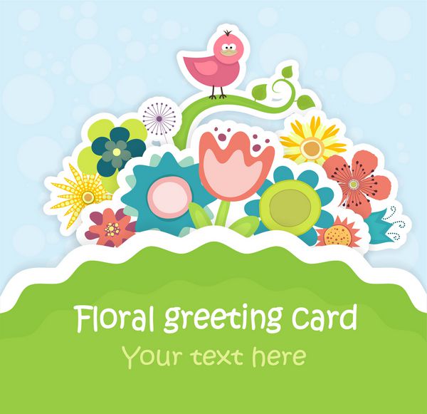 کارت تبریک گل های رنگارنگ با پرنده کوچک