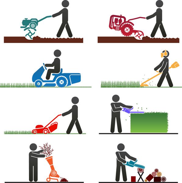 پیکتوگرام هایی که نشان دهنده افرادی هستند که کارهای مزرعه و حیاط خلوت را با ماشین ها انجام می دهند