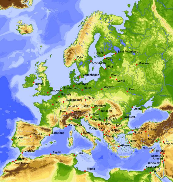 اروپا نقشه وکتور فیزیکی رنگی بر اساس ارتفاع با رودخانه ها اعماق اقیانوس ها و 63 شهر 28 لایه کاملا قابل ویرایش منبع داده ناسا