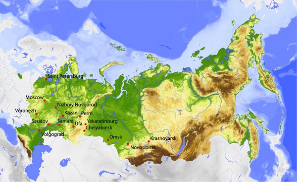روسیه نقشه وکتور فیزیکی رنگی بر اساس ارتفاع با رودخانه ها اعماق اقیانوس ها و شهرهای انتخاب شده قلمرو اطراف خاکستری شده است 60 لایه کاملا قابل ویرایش منبع داده ناسا
