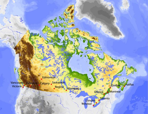 کانادا نقشه وکتور فیزیکی رنگی بر اساس ارتفاع با رودخانه ها و شهرهای انتخاب شده 48 لایه کاملا قابل ویرایش منبع داده ناسا