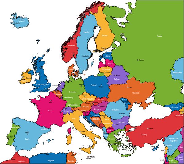 نقشه رنگارنگ اروپا با کشورها و شهرهای پایتخت